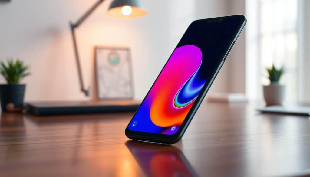 A Samsung Galaxy A74 smartphone, showcasing its vibrant Super AMOLED display, with a focus on its sleek design and modern aesthetic. The foreground features the phone prominently displayed at a slight angle, highlighting the screen's rich colors and contrast. The middle ground includes a blurred background of a minimalist workspace with soft lighting, creating a professional yet relaxed atmosphere. The phone is on a wooden desk accompanied by subtle reflections that enhance its premium look. The lighting is natural and warm, emphasizing the device's features and creating a welcoming ambiance. The image captures the essence of reliability and innovation, perfect for showcasing the Samsung Galaxy A74 in an engaging way.