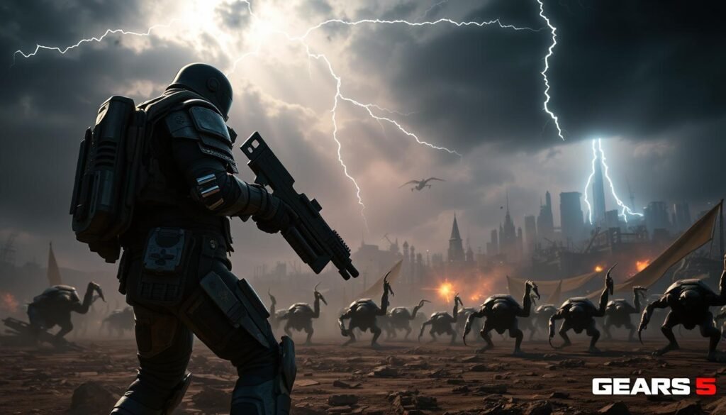 A captivating scene from "Gears 5", showcasing a fierce and immersive battle on a desolate, war-torn landscape. In the foreground, a heavily armored COG soldier stands ready for action, gripping a retro Lancer, displaying intricate details of the armor and weaponry. In the middle ground, a brutal Locust horde advances, with menacing creatures casting shadows, creating tension and urgency. The background features a destroyed city skyline under a stormy sky, filled with dark, swirling clouds and flashes of dynamic lightning, adding a dramatic atmosphere. Soft rays of light pierce through the chaos, illuminating parts of the scene, enhancing the sense of struggle and conflict. The overall mood should be intense and gripping, capturing the essence of the exciting gameplay experience in "Gears 5". No text or overlays should be present. A captivating scene from "Gears 5", showcasing a fierce and immersive battle on a desolate, war-torn landscape. In the foreground, a heavily armored COG soldier stands ready for action, gripping a retro Lancer, displaying intricate details of the armor and weaponry. In the middle ground, a brutal Locust horde advances, with menacing creatures casting shadows, creating tension and urgency. The background features a destroyed city skyline under a stormy sky, filled with dark, swirling clouds and flashes of dynamic lightning, adding a dramatic atmosphere. Soft rays of light pierce through the chaos, illuminating parts of the scene, enhancing the sense of struggle and conflict. The overall mood should be intense and gripping, capturing the essence of the exciting gameplay experience in "Gears 5". No text or overlays should be present.