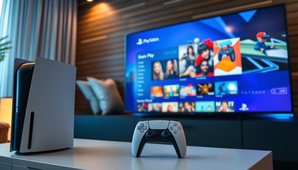A close-up view of a modern living room setup featuring a PlayStation 5 console prominently displayed on a sleek entertainment unit. The PS5 is positioned next to a large flat-screen TV, showcasing a vibrant Share Play interface with colorful game icons and a user-friendly layout. In the background, a cozy sofa is adorned with soft cushions, creating an inviting atmosphere. Soft overhead lighting highlights the console, casting gentle reflections on its glossy surface, while a subtle blue hue emanates from the TV screen, enhancing the tech-savvy vibe. The scene should evoke excitement and engagement, symbolizing the fun and interactive experience of Share Play among friends in a relaxed setting. A close-up view of a modern living room setup featuring a PlayStation 5 console prominently displayed on a sleek entertainment unit. The PS5 is positioned next to a large flat-screen TV, showcasing a vibrant Share Play interface with colorful game icons and a user-friendly layout. In the background, a cozy sofa is adorned with soft cushions, creating an inviting atmosphere. Soft overhead lighting highlights the console, casting gentle reflections on its glossy surface, while a subtle blue hue emanates from the TV screen, enhancing the tech-savvy vibe. The scene should evoke excitement and engagement, symbolizing the fun and interactive experience of Share Play among friends in a relaxed setting.