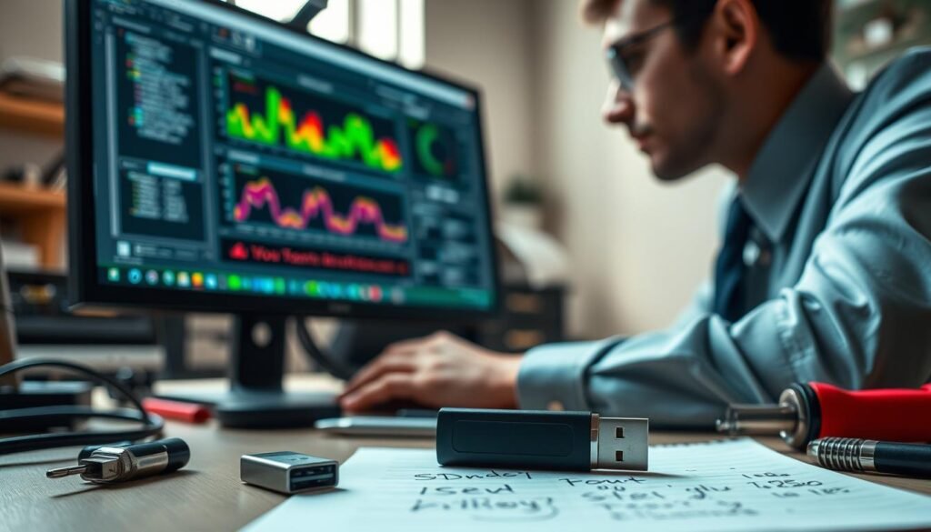 A close-up view of a professional technician troubleshooting the cloning process of an SSD. The technician, dressed in a smart, modest outfit, is intently focused on a computer screen displaying cloning software, with colorful graphs and status bars. In the foreground, there are open SSD identification tools and a USB drive, showing detail in their design. The middle layer includes a well-organized workspace with tools like a screwdriver set, cables, and a notepad with handwritten notes. The background shows a slightly blurred workspace with soft, natural lighting illuminating the scene, creating a focused yet calm atmosphere. The overall mood suggests professionalism and problem-solving in a modern tech environment. A close-up view of a professional technician troubleshooting the cloning process of an SSD. The technician, dressed in a smart, modest outfit, is intently focused on a computer screen displaying cloning software, with colorful graphs and status bars. In the foreground, there are open SSD identification tools and a USB drive, showing detail in their design. The middle layer includes a well-organized workspace with tools like a screwdriver set, cables, and a notepad with handwritten notes. The background shows a slightly blurred workspace with soft, natural lighting illuminating the scene, creating a focused yet calm atmosphere. The overall mood suggests professionalism and problem-solving in a modern tech environment.