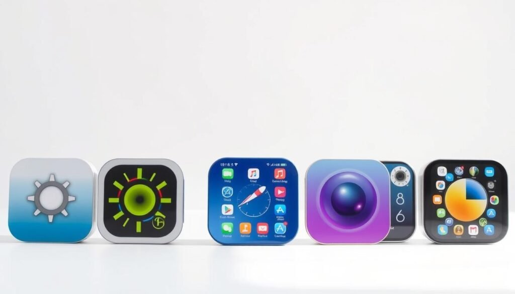 A collection of 7 popular iOS apps, each priced at around 10,000 Indonesian Rupiah, showcased against a clean, minimalist background. The apps are neatly arranged, each with its own distinct icon and interface design, highlighting their diverse functionality and appeal. Soft lighting from the side casts gentle shadows, creating depth and emphasizing the apps' visual characteristics. The overall mood is one of simplicity, professionalism, and the rising popularity of these affordable yet capable iOS applications.