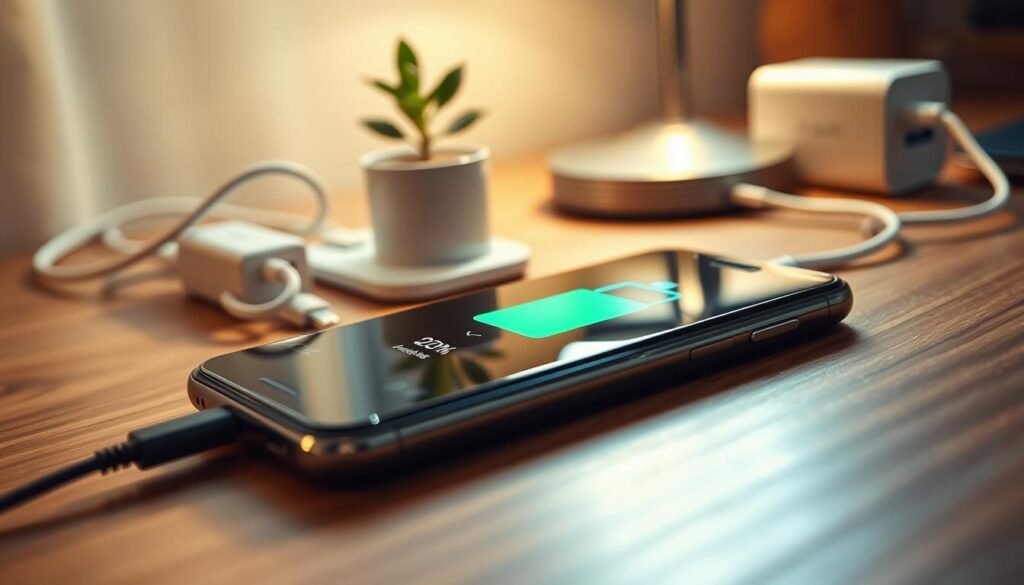 A detailed close-up of a sleek, modern smartphone equipped with a fast charging feature, resting on a wooden desk, illuminated by soft, warm lighting from a nearby window. The smartphone displays a vibrant battery icon showing a high percentage, emphasizing its rapid charging capability. In the background, a neatly organized charging station is visible, with multiple charging cables and a compact power adapter exemplifying efficient battery management. A small plant adds a touch of freshness to the scene, evoking a sense of care for the device. The overall ambiance conveys professionalism and technological advancement, ideal for a reader interested in optimizing battery maintenance. The composition is crisp and well-balanced, with a shallow depth of field to draw attention to the smartphone while softly blurring the background.
