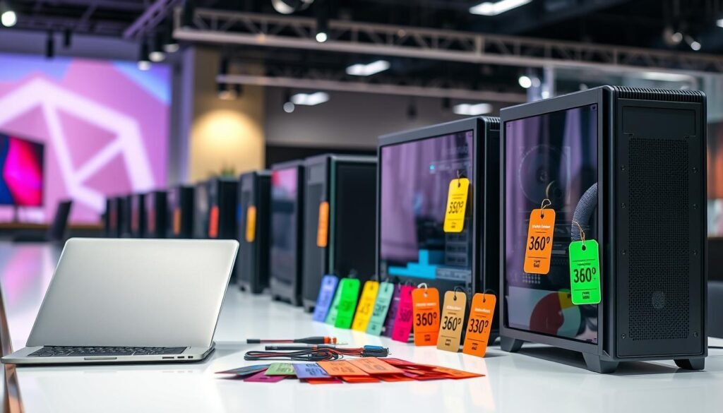 A detailed comparison of desktop computers, featuring multiple models displayed on a sleek, modern table. In the foreground, show an open laptop next to high-performance desktop cases, each uniquely designed with 360° airflow systems, emphasizing innovative cooling technology. The middle ground should include a colorful assortment of price tags attached to each desktop, clearly marked to indicate different price points. In the background, a soft-focus tech showroom filled with soft ambient lighting, highlighting the sleek elegance of the computer designs. The mood is professional and tech-savvy, inviting curiosity about the technological advancements represented by these desktops. The lighting should be bright yet warm, creating an inviting atmosphere for tech enthusiasts.