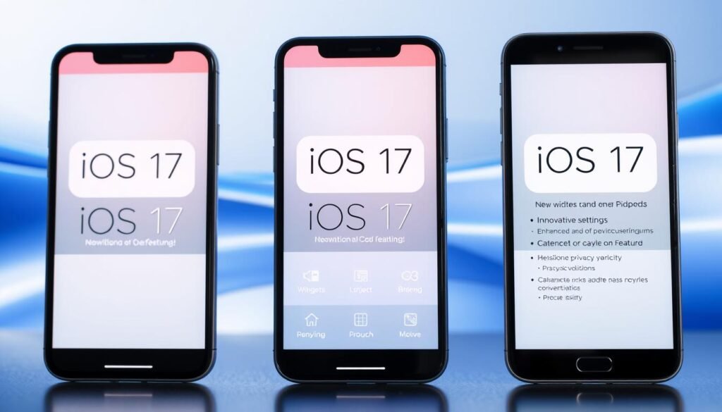 A detailed comparison of iOS 17 and its previous versions, showcased in a modern, sleek digital interface. In the foreground, display three smartphone screens side by side, each showing different iOS versions. The iOS 17 screen should be crisp and vibrant, highlighting its new features like widgets, innovative settings, and enhanced privacy options. The middle section should feature subtle transitions of colors and textures representing the evolution of iOS, with icons that indicate progress. In the background, a soft gradient of blues and whites to create a futuristic and tech-savvy atmosphere. Use soft, diffused lighting to emphasize the screens and create a polished look. Capture from a slightly elevated angle to provide depth and focus on the screens’ details.