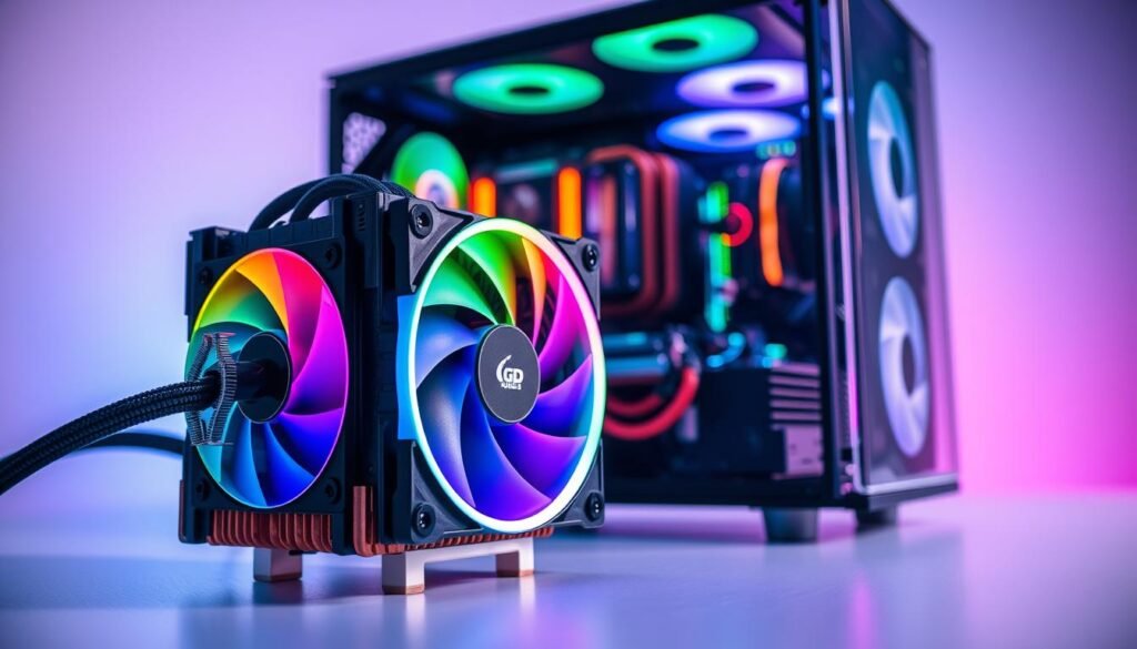 A detailed view of a Mini ITX gaming cooling system, showcasing a compact and modern design. In the foreground, focus on an intricate CPU cooler with sleek copper heat pipes and an RGB fan, glowing softly in vibrant colors. The middle ground features a Mini ITX case with tempered glass panels, displaying a neatly arranged interior with cable management and a small yet powerful GPU. The background should have a subtle gradient, evoking a techy atmosphere with ambient lighting, enhancing the coolness of the components. The overall mood is energetic yet professional, suitable for gaming enthusiasts. Use a close-up angle to emphasize the details, with perfect lighting to highlight the textures and colors of the cooling system.