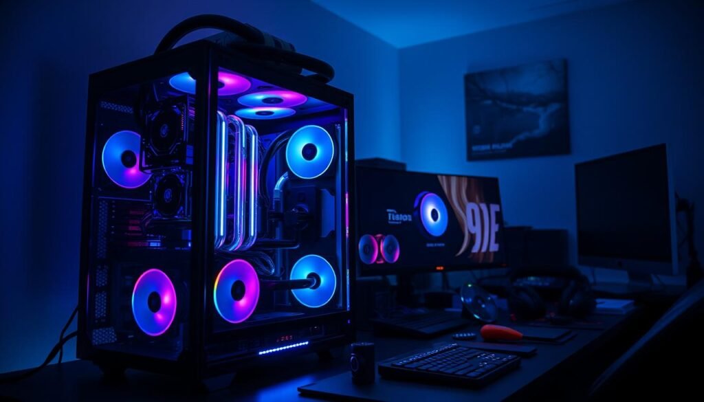 A dimly lit computer workstation, the focal point being a high-end gaming PC with intricate water cooling system, RGB lighting, and a sleek, futuristic aesthetic. The foreground features the PC case with tempered glass panels, showcasing its advanced cooling hardware - a multi-radiator setup, high-static pressure fans, and custom liquid tubing. The middle ground shows a cluttered desk with various PC components, tools, and peripherals, hinting at the owner's passion for tinkering and optimizing their system. The background is a moody, atmospheric scene with soft lighting, suggesting a dedicated workspace for an advanced cooling techniques enthusiast.