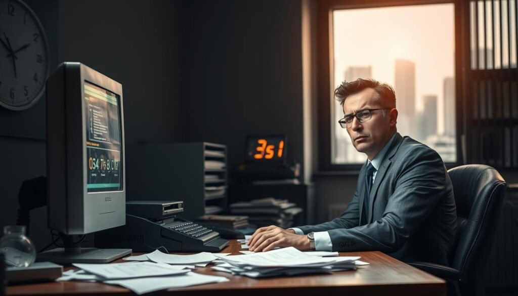 A dimly lit office environment, with a worn-out computer displaying outdated software on the screen. In the foreground, a frustrated business professional in business attire sits at a cluttered desk, looking at the screen with a concerned expression. Papers are scattered, and a broken printer is visible beside them, symbolizing inefficiency. The middle ground features a digital clock showing time ticking away, emphasizing lost productivity. In the background, a window reveals a bright, modern city skyline, representing the contrast between old and new technologies. Use soft lighting to create a somber mood, with a shallow depth of field focusing on the professional's expression while slightly blurring the background. Aim for a realistic style that highlights the urgency of updating outdated software.