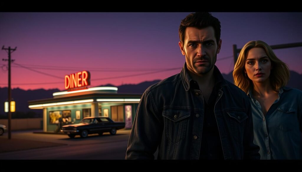 A dramatic scene inspired by "As Dusk Falls," showcasing the game's unique art style and storytelling. In the foreground, a tense standoff between two characters: a man in a denim jacket and a woman in a casual shirt, both with serious expressions. The middle ground features a classic American diner, illuminated by a neon sign, with a vintage car parked outside. The background is a dusky sky painted in deep purples and blues, transitioning to silhouettes of distant mountains. Soft, ambient lighting casts long shadows, enhancing the sense of anticipation. The overall atmosphere is moody and cinematic, capturing the essence of a gripping narrative. The composition should have a cinematic angle, perhaps a low perspective, to highlight the characters' emotions and the looming dusk. A dramatic scene inspired by "As Dusk Falls," showcasing the game's unique art style and storytelling. In the foreground, a tense standoff between two characters: a man in a denim jacket and a woman in a casual shirt, both with serious expressions. The middle ground features a classic American diner, illuminated by a neon sign, with a vintage car parked outside. The background is a dusky sky painted in deep purples and blues, transitioning to silhouettes of distant mountains. Soft, ambient lighting casts long shadows, enhancing the sense of anticipation. The overall atmosphere is moody and cinematic, capturing the essence of a gripping narrative. The composition should have a cinematic angle, perhaps a low perspective, to highlight the characters' emotions and the looming dusk.