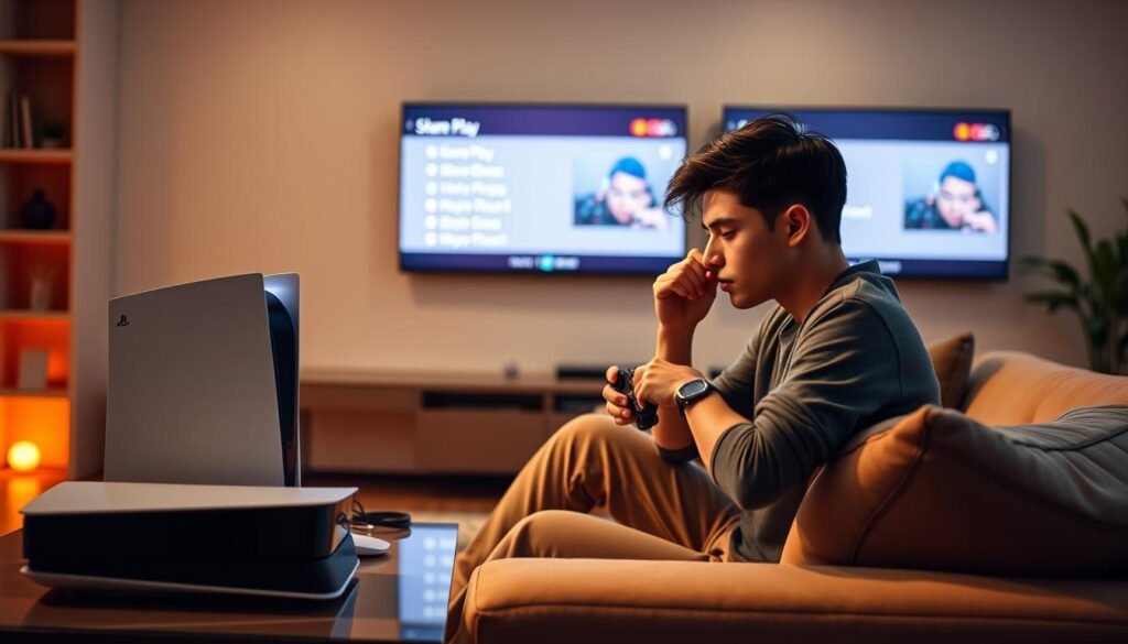 A focused image depicting a modern living room with a PS5 console prominently displayed on a stylish entertainment center. In the foreground, a young person in casual, professional attire is seated on a comfortable sofa, intently troubleshooting the Share Play feature on their dual-screen setup. The ambiance is cozy, with warm lighting illuminating the scene, highlighting the vibrant colors of the PS5 and accessories. In the background, a large TV screen displays the PS5 interface, showcasing the Share Play options. The mood is one of concentration and determination as the individual works through technical issues, conveying a sense of engagement and problem-solving in a contemporary home environment. A focused image depicting a modern living room with a PS5 console prominently displayed on a stylish entertainment center. In the foreground, a young person in casual, professional attire is seated on a comfortable sofa, intently troubleshooting the Share Play feature on their dual-screen setup. The ambiance is cozy, with warm lighting illuminating the scene, highlighting the vibrant colors of the PS5 and accessories. In the background, a large TV screen displays the PS5 interface, showcasing the Share Play options. The mood is one of concentration and determination as the individual works through technical issues, conveying a sense of engagement and problem-solving in a contemporary home environment.