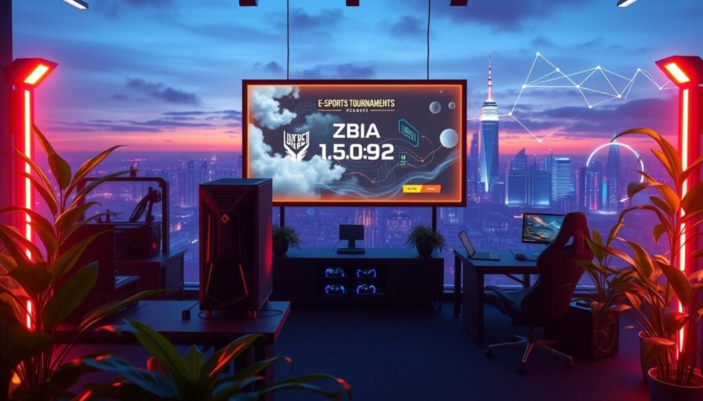 A futuristic e-sports setting highlighting the carbon footprint of the industry. In the foreground, a sleek gaming setup with state-of-the-art equipment, surrounded by green plants to symbolize sustainability. The middle ground features a large, illuminated screen displaying e-sports tournament highlights, with subtle visual elements representing carbon emissions, such as smoky graphics or energy icons. The background showcases a digitally enhanced city skyline at dusk, with a glowing network of lines symbolizing data flow and environmental impact. Soft neon lighting creates a vibrant yet thoughtful atmosphere, with a slight mist adding depth. Use a cinematic angle, emphasizing the contrast between the colorful gaming world and the ecological message conveyed. A futuristic e-sports setting highlighting the carbon footprint of the industry. In the foreground, a sleek gaming setup with state-of-the-art equipment, surrounded by green plants to symbolize sustainability. The middle ground features a large, illuminated screen displaying e-sports tournament highlights, with subtle visual elements representing carbon emissions, such as smoky graphics or energy icons. The background showcases a digitally enhanced city skyline at dusk, with a glowing network of lines symbolizing data flow and environmental impact. Soft neon lighting creates a vibrant yet thoughtful atmosphere, with a slight mist adding depth. Use a cinematic angle, emphasizing the contrast between the colorful gaming world and the ecological message conveyed.