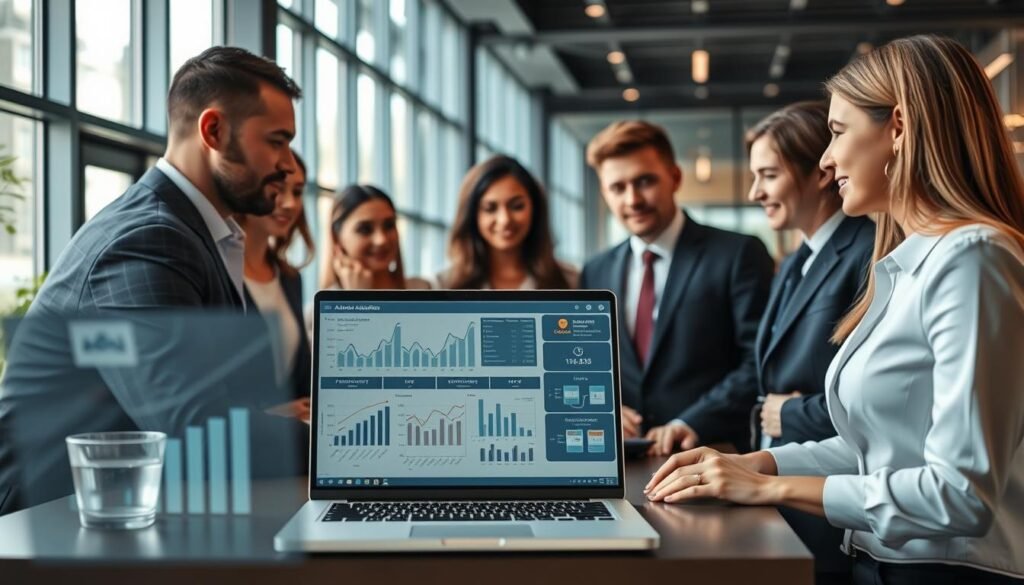 A modern office environment showcasing the implementation of financial software automation. In the foreground, a diverse team of professionals in business attire is engaged in a collaborative discussion around a laptop displaying graphs and automated processes. The middle ground features a digital interface with financial data visualizations and flowcharts that illustrate automation steps. The background reveals a sleek, high-tech office with large windows, allowing natural light to flood in, creating a vibrant and productive atmosphere. The overall mood is focused and innovative, emphasizing teamwork and advanced technology in finance. Use a wide-angle shot to convey the space and a clear depth of field, ensuring the professionals and screen details are in sharp focus.