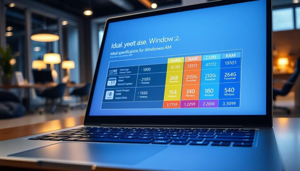 A modern, sleek digital workspace featuring a high-resolution display with a detailed technical infographic showing ideal specifications for Windows 12, including recommended CPU cores and RAM. In the foreground, a close-up of a polished laptop keyboard with illuminated keys. In the middle, a vivid and colorful chart illustrating the core and RAM specifications, with icons representing performance metrics. The background should be softly blurred out, showcasing a contemporary office environment, complete with stylish furniture and ambient lighting. The overall atmosphere is professional and informative, with a focus on clarity and precision in the design. The lighting should be bright yet soft, enhancing the visual appeal without overpowering the main subject. A modern, sleek digital workspace featuring a high-resolution display with a detailed technical infographic showing ideal specifications for Windows 12, including recommended CPU cores and RAM. In the foreground, a close-up of a polished laptop keyboard with illuminated keys. In the middle, a vivid and colorful chart illustrating the core and RAM specifications, with icons representing performance metrics. The background should be softly blurred out, showcasing a contemporary office environment, complete with stylish furniture and ambient lighting. The overall atmosphere is professional and informative, with a focus on clarity and precision in the design. The lighting should be bright yet soft, enhancing the visual appeal without overpowering the main subject.