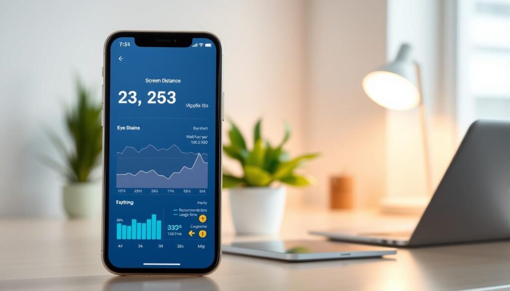 A modern, sleek interface of an iPhone displaying the iOS Screen Distance feature prominently in the foreground. Nearby, graphs and statistics show the integration of health metrics, such as eye strain levels and recommended usage time, rendered on an elegant, minimalist dashboard. In the middle ground, a well-lit workspace with a potted plant and natural light streaming through a window creates a calm atmosphere. The background features soft blurred elements like a desk lamp and a laptop, emphasizing productivity and wellness. Use a soft, warm color palette to evoke a sense of tranquility and balance, capturing the essence of health integration in technology. The lighting should be bright but soft, enhancing the details of the app interface without harsh shadows, while maintaining a professional ambiance. A modern, sleek interface of an iPhone displaying the iOS Screen Distance feature prominently in the foreground. Nearby, graphs and statistics show the integration of health metrics, such as eye strain levels and recommended usage time, rendered on an elegant, minimalist dashboard. In the middle ground, a well-lit workspace with a potted plant and natural light streaming through a window creates a calm atmosphere. The background features soft blurred elements like a desk lamp and a laptop, emphasizing productivity and wellness. Use a soft, warm color palette to evoke a sense of tranquility and balance, capturing the essence of health integration in technology. The lighting should be bright but soft, enhancing the details of the app interface without harsh shadows, while maintaining a professional ambiance.