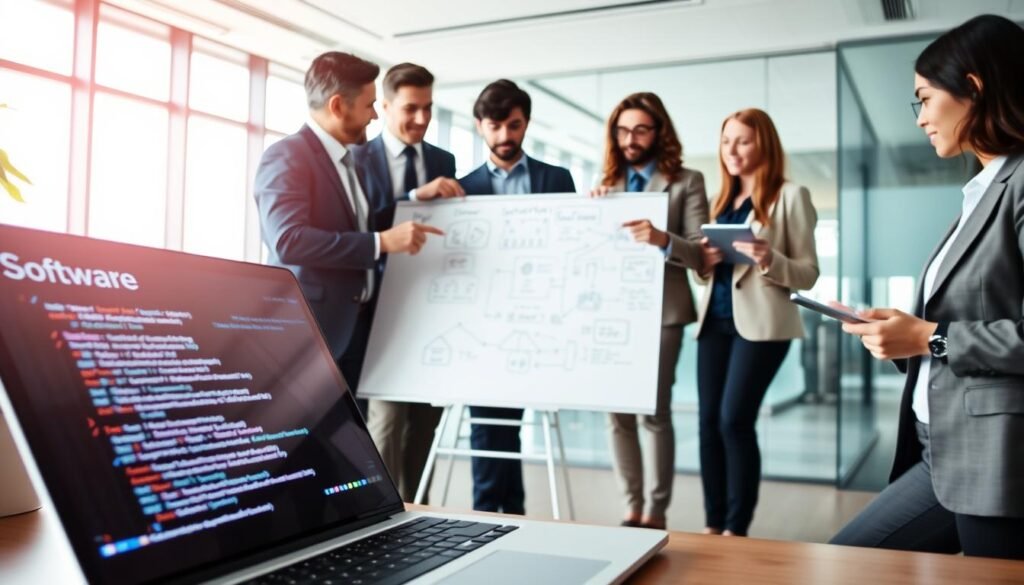 A modern workspace featuring various software development elements, with a sleek laptop open displaying lines of code and software icons illuminating the screen. In the foreground, a diverse group of professionals in smart business attire is engaged in a discussion, pointing at the laptop and using digital tablets. The middle layer showcases a whiteboard covered with software diagrams, illustrating concepts such as algorithms and user interface design. In the background, a bright and spacious office environment with glass walls reflects a collaborative atmosphere. Soft, natural lighting flows through large windows, casting gentle shadows. The overall mood is one of innovation, teamwork, and clarity, inviting viewers to understand the fundamentals of software.