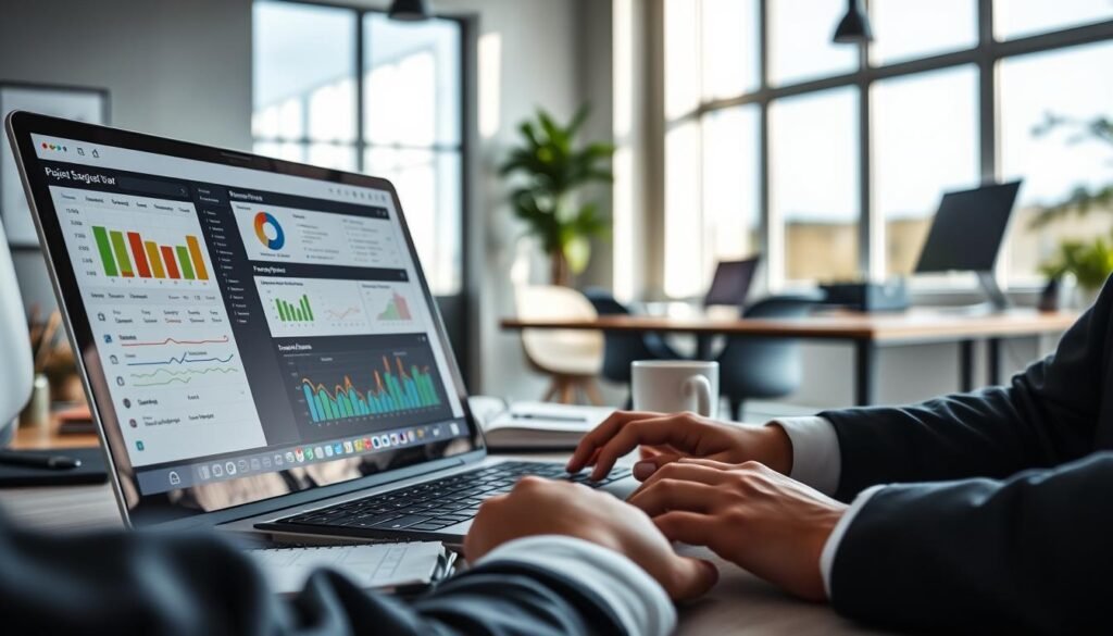 A modern workspace illustrating the concept of "software deadline savior." In the foreground, a sleek laptop displays a user-friendly project management software interface with colorful graphs and task lists. A person in professional business attire focuses intently on the screen, hands on the keyboard, conveying determination and productivity. In the middle ground, a neatly organized desk with stationery, a coffee mug, and a notepad filled with brainstorming ideas enhances the work ambiance. The background features a bright, minimalistic office setting with natural light streaming through large windows, casting flattering shadows. The overall mood is energetic and inspiring, suggesting empowerment and efficiency in overcoming tight deadlines.