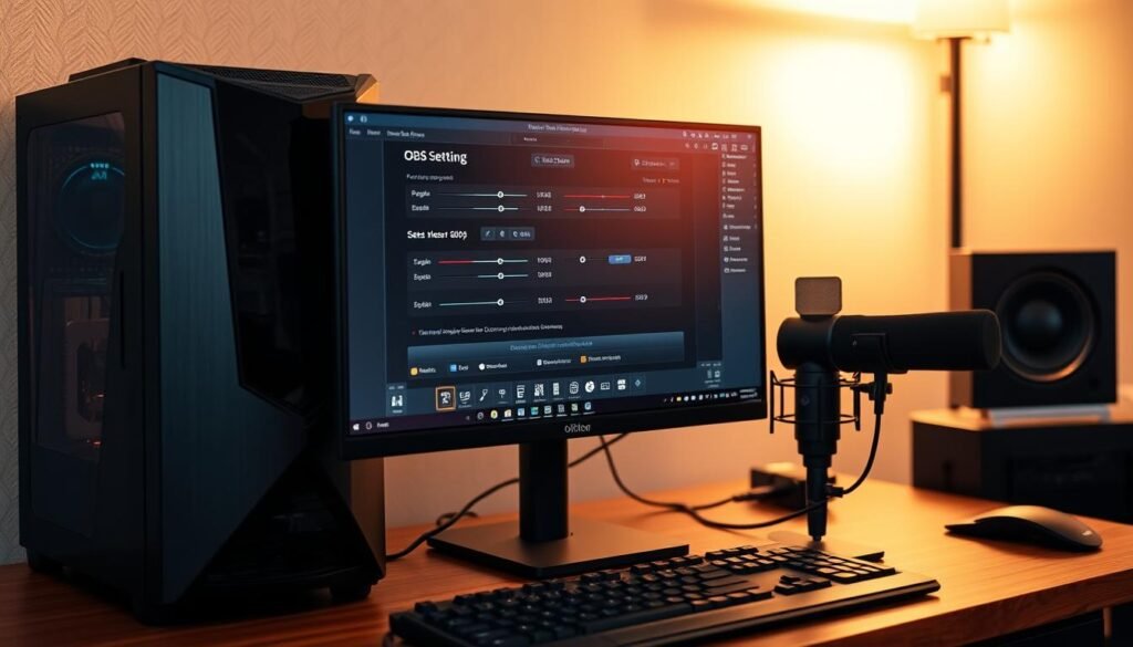 A neatly arranged desktop setup with a modern gaming PC, a high-quality monitor displaying the OBS Studio interface, and a professional microphone. The scene is bathed in warm, soft lighting, creating a cozy and focused atmosphere. The monitor's screen shows the OBS settings configured for 1080p 60fps, with various sliders and options carefully adjusted. The background is slightly blurred, drawing the viewer's attention to the central elements of the setup. The overall impression is one of a well-thought-out, efficient, and visually appealing streaming workstation. A neatly arranged desktop setup with a modern gaming PC, a high-quality monitor displaying the OBS Studio interface, and a professional microphone. The scene is bathed in warm, soft lighting, creating a cozy and focused atmosphere. The monitor's screen shows the OBS settings configured for 1080p 60fps, with various sliders and options carefully adjusted. The background is slightly blurred, drawing the viewer's attention to the central elements of the setup. The overall impression is one of a well-thought-out, efficient, and visually appealing streaming workstation.