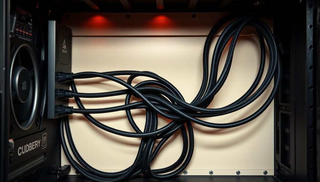 A neatly organized, modular power supply unit with sleek, black cables meticulously arranged in a clean, minimalist layout. The cables, each with their distinct color-coding, snake through the interior with precision, creating a visually appealing and efficient cable management system. The scene is illuminated by warm, soft lighting that casts subtle shadows, highlighting the intricate details of the components. The overall atmosphere conveys a sense of order, control, and attention to detail, reflecting the advantages of a modular PSU design.