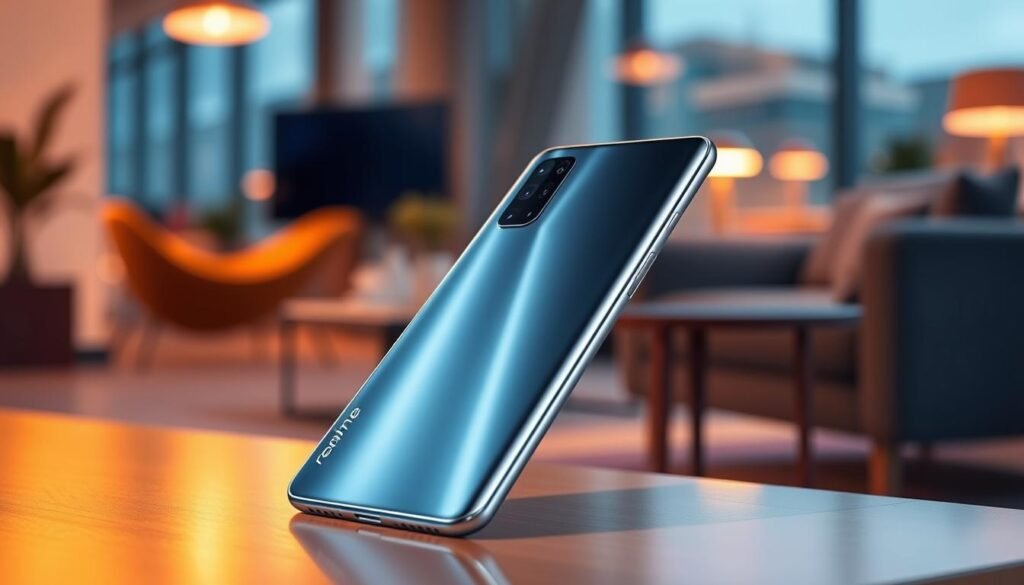 A premium Realme GT 6 smartphone, elegantly designed with a sleek, metallic finish and subtle curves, showcasing its impressive build quality. The foreground features the phone tilted slightly, highlighting the refined details of its camera module and the textured back cover. In the middle ground, include soft reflections to emphasize the phone's sophisticated design and premium materials. The background should be a softly blurred modern workspace, featuring stylish furniture and ambient lighting to create an inviting atmosphere. Use warm lighting to convey a sense of innovation and luxury, with a slight focus on the device. Capture the image from a slightly elevated angle to enhance its modern aesthetic, evoking a sense of cutting-edge technology and elegance.