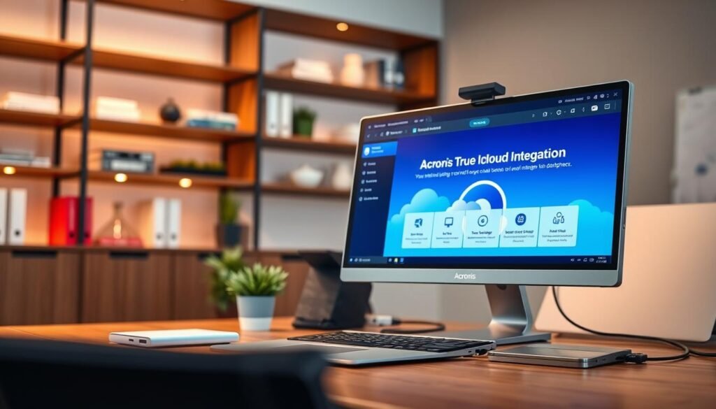 A professional, sleek workspace featuring a high-resolution computer screen displaying the Acronis True Image interface, focused on cloud integration features. In the foreground, there is a stylish laptop with a visible Acronis logo, surrounded by modern tech accessories, like external hard drives and a USB cable. The middle ground showcases an organized desk with a subtle hint of an office plant, suggesting a calm environment. In the background, blurred shelves with tech books and soft ambient lighting create a warm atmosphere. The angle captures the workspace from a slight overhead view, highlighting the tech elements. Overall, the image should evoke a sense of professionalism, efficiency, and modernization, aiming to represent Acronis True Image as a leading cloud integration solution for data management. A professional, sleek workspace featuring a high-resolution computer screen displaying the Acronis True Image interface, focused on cloud integration features. In the foreground, there is a stylish laptop with a visible Acronis logo, surrounded by modern tech accessories, like external hard drives and a USB cable. The middle ground showcases an organized desk with a subtle hint of an office plant, suggesting a calm environment. In the background, blurred shelves with tech books and soft ambient lighting create a warm atmosphere. The angle captures the workspace from a slight overhead view, highlighting the tech elements. Overall, the image should evoke a sense of professionalism, efficiency, and modernization, aiming to represent Acronis True Image as a leading cloud integration solution for data management.