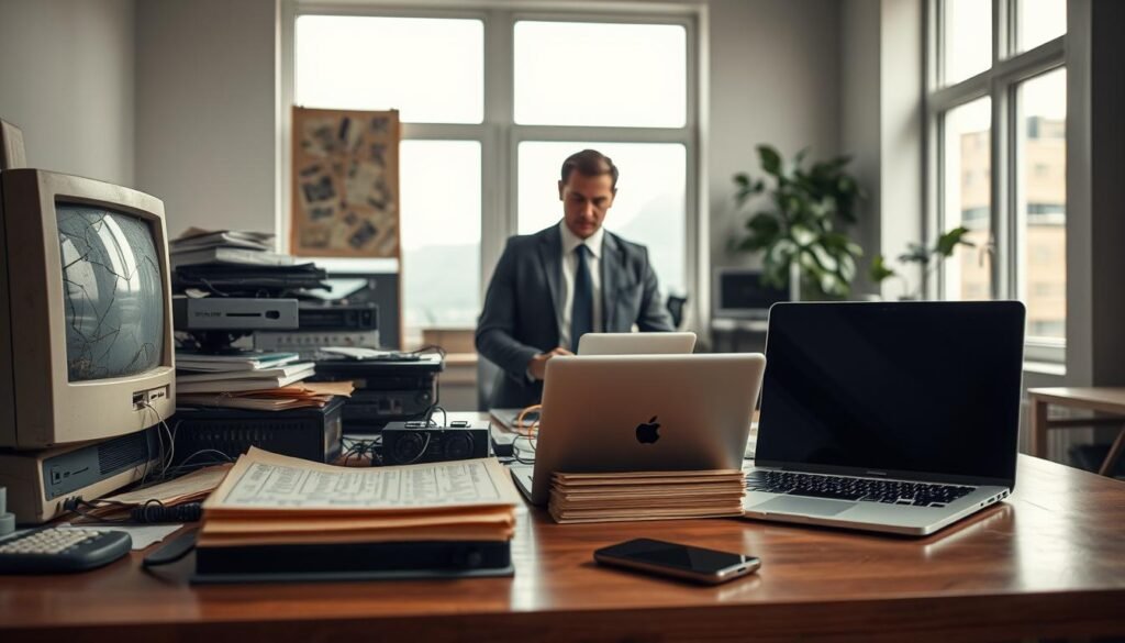 A serene office environment showcasing a desk cluttered with outdated technology, like an old computer with a cracked screen, dusty peripherals, and a stack of yellowed paper documents. In the foreground, there’s a modern laptop and a smartphone, symbolizing the need for upgrades. The middle ground features a professional person in business attire, looking concerned while reviewing the old tech. In the background, large windows allow soft, natural light to illuminate the room, creating a warm yet urgent atmosphere. A subtle contrast between the outdated devices and the sleek, modern technology enhances the narrative of obsolescence and the importance of upgrading systems. The composition should evoke a sense of nostalgia and the necessity for progress without any text or branding elements.