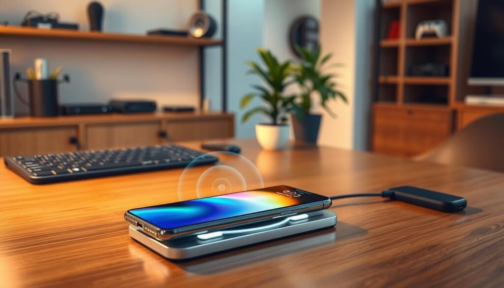 A sleek and modern wireless charging setup, featuring a thin, stylish charging pad on a polished wooden desk. In the foreground, a high-smartphone effortlessly charging on the pad, visually showcasing the concept of 'Air Charging' with subtle animated lines indicating energy transfer. In the middle, a well-lit scene that highlights the elegance of wireless technology with soft, ambient lighting creating a warm, inviting atmosphere. In the background, shelves with tech gadgets and a calming indoor plant, adding a touch of nature. The image should be taken with a slightly elevated perspective, using a wide-angle lens to create depth, emphasizing the harmonious blend of technology and lifestyle in a contemporary office setting.
