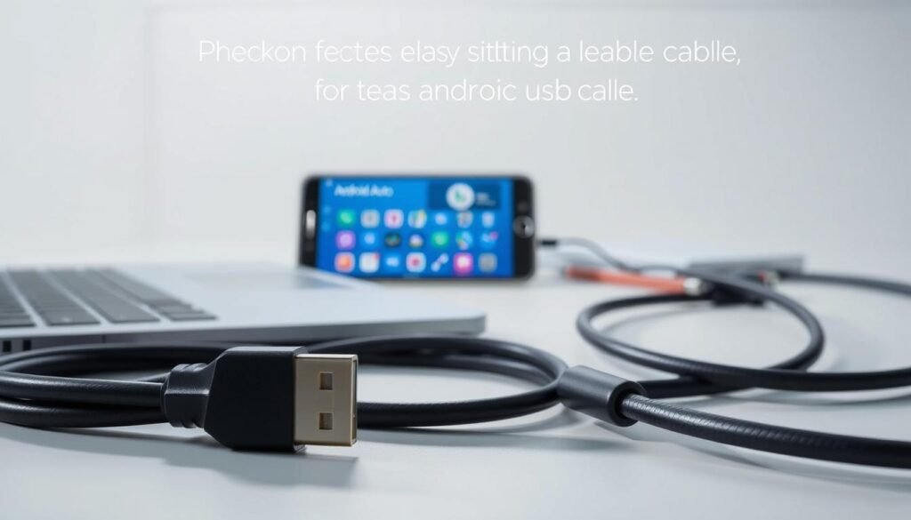 A sleek and modern workspace with a laptop, smartphone, and a selection of high-quality USB cables neatly arranged. The cables are illuminated by a soft, directional light, casting subtle shadows and highlighting their smooth textures. The cables are in the foreground, showcasing their connectors and design details. In the middle ground, a smartphone displays the Android Auto interface, demonstrating its seamless integration. The background features a minimalist, clean-lined environment, emphasizing the importance of the right USB cable for the optimal Android Auto experience. A sleek and modern workspace with a laptop, smartphone, and a selection of high-quality USB cables neatly arranged. The cables are illuminated by a soft, directional light, casting subtle shadows and highlighting their smooth textures. The cables are in the foreground, showcasing their connectors and design details. In the middle ground, a smartphone displays the Android Auto interface, demonstrating its seamless integration. The background features a minimalist, clean-lined environment, emphasizing the importance of the right USB cable for the optimal Android Auto experience.