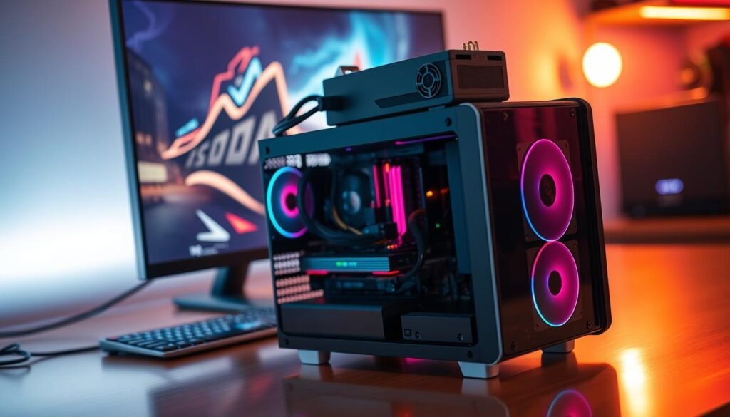 A sleek, modern Mini ITX gaming PC setup showcased on a polished desk. In the foreground, emphasize the compact, stylish Mini ITX case with transparent side panels revealing RGB-lit components: a high-performance GPU, efficient cooling solution, and well-organized cables. In the middle, a powerful, compact PSU is slightly visible atop the desk, contrasting with the rising cables, giving off a sense of optimized performance. The background features a soft-focus gaming monitor displaying vibrant graphics, surrounded by dynamic LED lighting that enhances the techy atmosphere. Use dramatic, ambient lighting to emphasize the sleek surfaces and intricate details, shot at a slight angle for depth. The mood should convey excitement and innovation, perfect for a dedicated gamer.