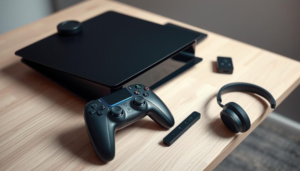A sleek, modern PlayStation 5 console rests on a minimalist wooden surface, surrounded by an array of stylish accessories. The console's matte black exterior gleams under the soft, diffused lighting, accented by the subtle glow of the DualSense controller, wireless headset, and media remote. In the foreground, the controller and headset are positioned at an angle, conveying a sense of functionality and ready-to-use availability. The background features a clean, neutral-toned environment, allowing the console and its accessories to take center stage. The overall composition and lighting create a premium, high-end atmosphere, perfectly suited to showcase the latest additions to the PlayStation ecosystem.