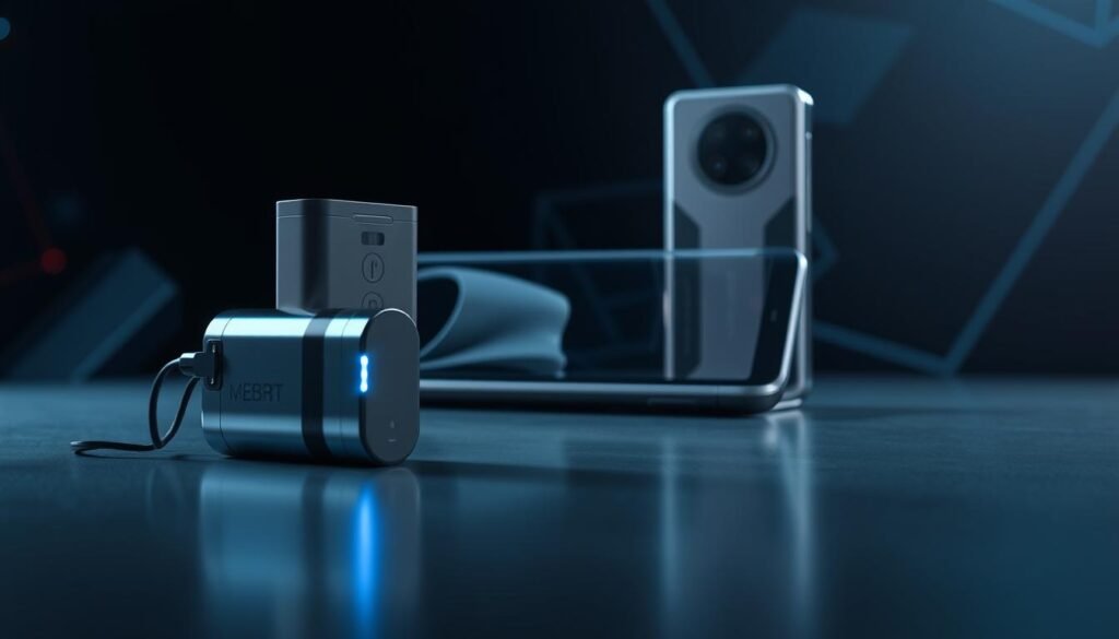 A sleek, modern smartphone gaming battery prominently displayed in the foreground, showcasing its futuristic design with glowing LED indicators. The battery is zoomed in for detail, emphasizing its robust features and high-capacity performance. In the middle ground, a partially transparent gaming smartphone prototype is highlighted, illustrating its under-display camera and unique aesthetic, all set against a dark, tech-inspired background with abstract geometric shapes. Soft, ambient lighting creates a high-tech atmosphere, with subtle reflections on a glossy surface. The composition should evoke excitement about advanced gaming technology, suggesting extraordinary endurance and fast charging capabilities inherent to the device. The angle is slightly tilted to give depth, focusing attention on the innovative technology in a luxurious yet approachable manner.