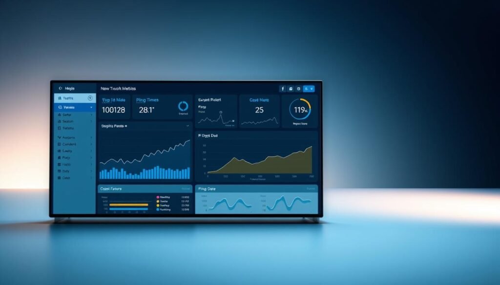 A sleek, modern software dashboard depicting the best network monitoring tools. In the foreground, a high-resolution display showcases real-time network metrics like bandwidth usage, ping times, and SNMP data. The middle ground features minimalist data visualizations and intuitive controls, while the background subtly blends shades of blue and gray, evoking a professional, cutting-edge IT environment. Soft, directional lighting accentuates the clean lines and responsive UI, creating an image that captures the power and efficiency of the top network monitoring software.