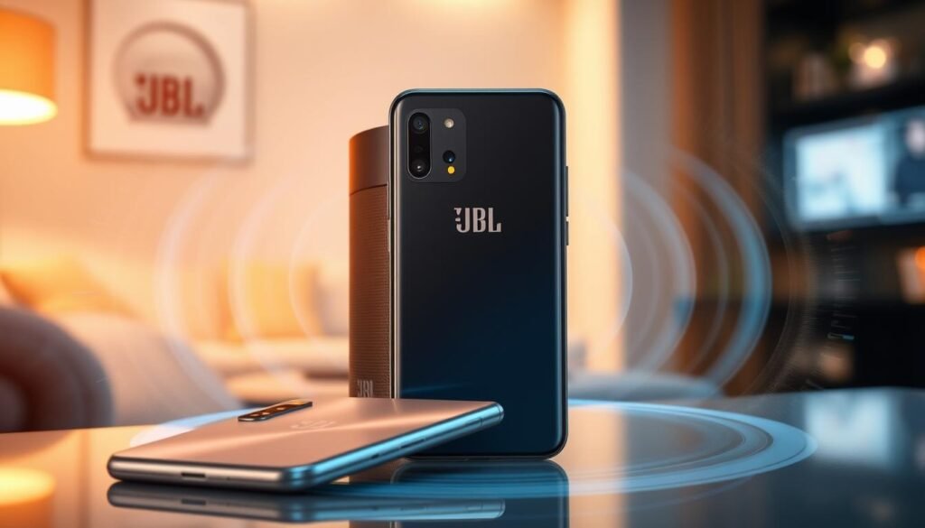 A sleek premium smartphone, the Realme GT 6, is showcased prominently in the foreground, its design reflecting a modern aesthetic with smooth edges and a shimmering finish. Surrounding the phone, subtle sound waves emanate to symbolize the immersive audio experience, with visual hints of Dolby Atmos technology displaying a dynamic sound field. In the middle ground, a stylish speaker system with JBL branding complements the phone, emphasizing collaboration. The background is softly blurred, featuring hints of an elegant living space with ambient lighting, enhancing the mood of sophistication and modernity. The scene is bathed in warm, soft lighting to evoke a sense of comfort and high-tech luxury, shot from a slightly elevated angle to capture both the smartphone and speaker in full view.