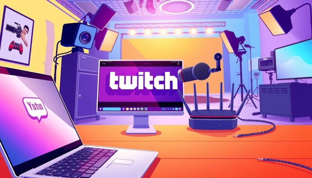 A vibrant and dynamic illustration showcasing the connection between a streaming platform and a user's device. In the foreground, a sleek and modern laptop or desktop computer with a high-quality webcam and microphone setup. The screen displays the logo or interface of a popular streaming platform, such as Twitch or YouTube, with smooth video playback and a clean, intuitive layout. The middle ground features sturdy, high-speed networking equipment, including a router and ethernet cables, symbolizing the reliable internet connection required for seamless streaming. The background offers a glimpse of a professional-grade streaming setup, with studio lighting, a professional-looking backdrop, and other production equipment, conveying the technical aspects of setting up a high-quality streaming environment. The overall scene radiates a sense of professionalism, efficiency, and the seamless integration of technology to enable exceptional streaming experiences. A vibrant and dynamic illustration showcasing the connection between a streaming platform and a user's device. In the foreground, a sleek and modern laptop or desktop computer with a high-quality webcam and microphone setup. The screen displays the logo or interface of a popular streaming platform, such as Twitch or YouTube, with smooth video playback and a clean, intuitive layout. The middle ground features sturdy, high-speed networking equipment, including a router and ethernet cables, symbolizing the reliable internet connection required for seamless streaming. The background offers a glimpse of a professional-grade streaming setup, with studio lighting, a professional-looking backdrop, and other production equipment, conveying the technical aspects of setting up a high-quality streaming environment. The overall scene radiates a sense of professionalism, efficiency, and the seamless integration of technology to enable exceptional streaming experiences.
