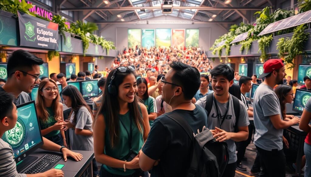 A vibrant e-sports community engaging in sustainable practices, set in a modern gaming arena adorned with greenery and eco-friendly elements. In the foreground, diverse players of various ethnicities, dressed in casual but professional attire, enthusiastically discussing strategies and collaborating on eco-conscious gaming projects. The middle ground showcases interactive gaming stations with energy-efficient equipment, surrounded by banners promoting sustainability. The background illustrates a cheering crowd, illuminated by warm lighting, with lush plants and solar panels integrated into the architecture, creating an inviting atmosphere. The mood is dynamic and inspiring, reflecting passion for gaming and commitment to environmental stewardship. Wide-angle lens, emphasizing depth and collaboration among community members. A vibrant e-sports community engaging in sustainable practices, set in a modern gaming arena adorned with greenery and eco-friendly elements. In the foreground, diverse players of various ethnicities, dressed in casual but professional attire, enthusiastically discussing strategies and collaborating on eco-conscious gaming projects. The middle ground showcases interactive gaming stations with energy-efficient equipment, surrounded by banners promoting sustainability. The background illustrates a cheering crowd, illuminated by warm lighting, with lush plants and solar panels integrated into the architecture, creating an inviting atmosphere. The mood is dynamic and inspiring, reflecting passion for gaming and commitment to environmental stewardship. Wide-angle lens, emphasizing depth and collaboration among community members.