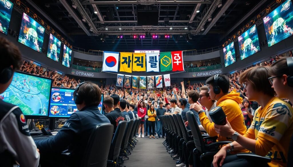 A vibrant scene illustrating the impact of game genres on social dynamics within competitive gaming communities, featuring a contrasting setup of Japanese and South Korean esports environments. In the foreground, a group of diverse gamers, dressed in professional gaming attire, are intensely focused on their screens—one side showcasing a strategy game with detailed maps and team collaboration, while the other displays a fast-paced action game filled with energy. In the middle ground, banners representing various game genres hang between them, visually connecting their different styles. The background features a crowded arena, with colorful lights and enthusiastic fans cheering, highlighting the cultural significance of esports. Soft lighting accentuates the intensity of the competition, while a slight focus blur enhances the sense of action, creating an atmosphere of excitement and rivalry. A vibrant scene illustrating the impact of game genres on social dynamics within competitive gaming communities, featuring a contrasting setup of Japanese and South Korean esports environments. In the foreground, a group of diverse gamers, dressed in professional gaming attire, are intensely focused on their screens—one side showcasing a strategy game with detailed maps and team collaboration, while the other displays a fast-paced action game filled with energy. In the middle ground, banners representing various game genres hang between them, visually connecting their different styles. The background features a crowded arena, with colorful lights and enthusiastic fans cheering, highlighting the cultural significance of esports. Soft lighting accentuates the intensity of the competition, while a slight focus blur enhances the sense of action, creating an atmosphere of excitement and rivalry.