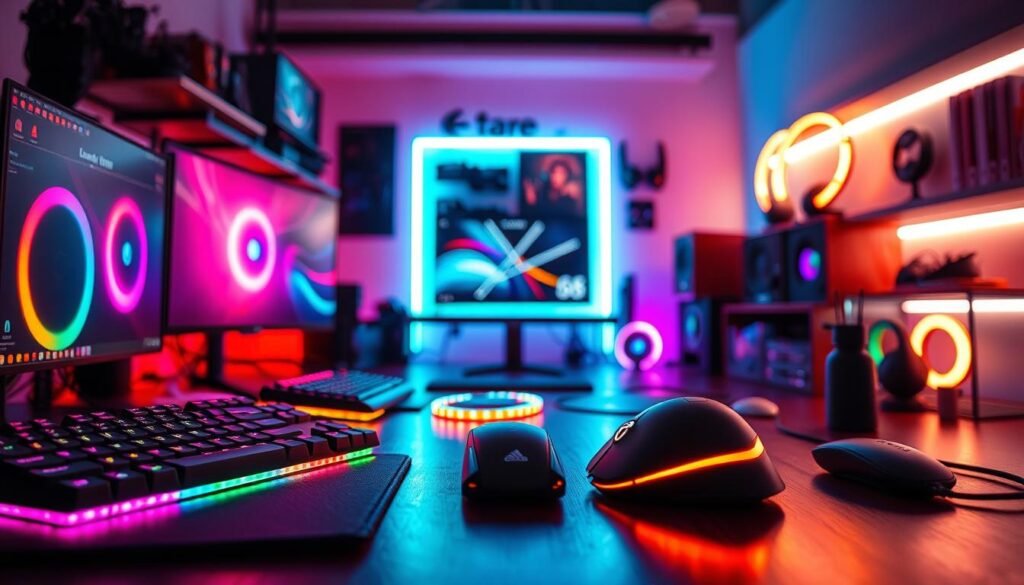 A visually striking composition highlighting the advantages and disadvantages of RGB accessories. In the foreground, showcase an assortment of RGB devices such as keyboards, mice, and LED strips, with a vibrant glow emanating from them. The middle ground features a well-lit modern workspace, emphasizing functionality and aesthetics, while also contrasting with more traditional accessories displayed subtly in the background. Use dramatic LED lighting to create shadows and textures, enhancing the vivid colors of the RGB setup. The scene is framed with a professional lens, capturing a wide angle to convey depth, with a focus on the RGB devices. The mood is energetic yet functional, appealing to tech enthusiasts and gamers alike.