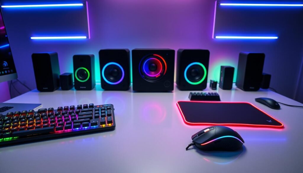 A visually striking review of selected RGB accessories, arranged on a sleek, modern desk that’s ideal for tech enthusiasts. In the foreground, showcase a vibrant RGB keyboard with customizable lighting effects, a high-performance gaming mouse casting colorful reflections, and a stylish RGB mousepad. In the middle, feature a set of RGB speakers with dynamic light patterns synchronized to an upbeat atmosphere. The background includes a minimalist wall adorned with ambient LED strips creating a techy, immersive feel. The lighting is bright but diffused, emphasizing the glowing RGB elements without harsh shadows. Capture this scene using a wide-angle lens for a spacious perspective, instilling a sense of excitement and innovation.