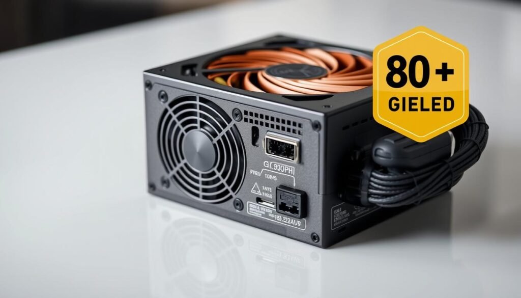 A well-lit, close-up shot of a computer power supply unit (PSU) with an 80+ Gold certification. The PSU is positioned on a clean, reflective surface, allowing the viewer to see the various connection ports, heat sink, and other components in detail. The image has a technical, informative tone, showcasing the proper way to install and maintain a high-quality, modular PSU. Lighting is soft and even, highlighting the sleek, modern design of the unit. The overall composition emphasizes the importance of a well-chosen, high-efficiency PSU for a reliable and stable computer system.