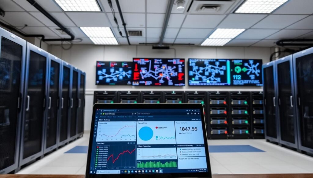A well-lit server room interior, with rows of racks and network equipment arranged in a clean, organized layout. In the foreground, a laptop screen displays a network monitoring dashboard, showcasing real-time data on bandwidth usage, ping latency, and SNMP statistics. The background features a large wall-mounted display panel, showing a comprehensive overview of the network topology and performance metrics. The lighting is bright and even, creating a professional, technical atmosphere conducive to system administration and troubleshooting.