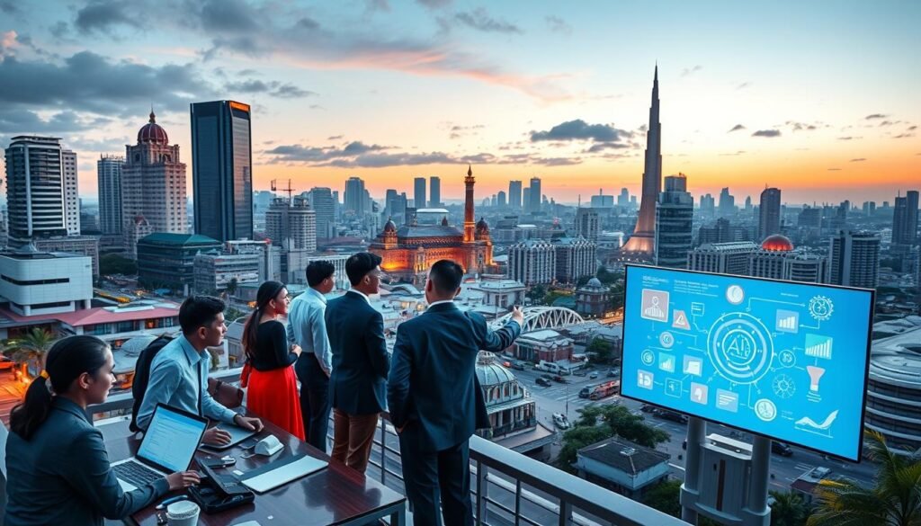 A bustling Indonesian cityscape at dawn, showcasing a blend of traditional and modern architecture symbolizing technology adoption. In the foreground, a diverse group of professionals in business attire engaged in a dynamic brainstorming session, surrounded by laptops and digital devices, indicating collaboration in AI training. The middle ground features an educational setting, with a large digital screen displaying AI-related graphics, while participants point and discuss. The background includes iconic Indonesian landmarks to highlight the locale. Soft, warm lighting creates a hopeful atmosphere, suggesting progress and innovation. The angle is slightly elevated, offering a comprehensive view of the scene, emphasizing the challenges and opportunities in adopting AI technology in Indonesia.
