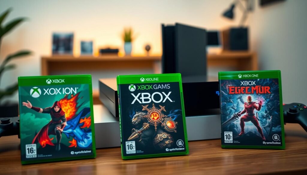 A captivating scene showcasing a collection of exclusive Xbox games. In the foreground, feature three distinct game boxes—each with colorful covers depicting various genres like action, adventure, and RPG, highlighting their unique artistic styles. The middle ground should contain a stylish gaming console placed on a modern desk, with a sleek joystick nearby, hinting at a gaming setup. The background features a soft-focus, cozy gaming room atmosphere, with ambient lighting that emits a warm glow, setting a welcoming mood. Use a slightly elevated angle to capture the whole scene, emphasizing the games' vibrant artwork. Ensure the composition is harmonious, inviting viewers into the world of these exclusive Xbox games.