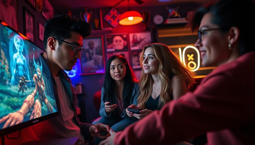 A cinematic narrative scene showcasing a diverse group of characters in an immersive Xbox gaming experience. In the foreground, a focused male character wears stylish casual attire, intently playing an Xbox console, with a high-resolution screen displaying vibrant fantasy graphics. The middle ground features two female characters, discussing strategies enthusiastically, their expressions conveying excitement and engagement. In the background, a cozy, dimly lit room filled with gaming trophies, posters, and ambient neon lights creates an inviting atmosphere. Soft, colorful lighting captures the warmth and intensity of gaming moments, enhancing the cinematic feel, while a shallow depth of field draws attention to the players’ expressions. The overall mood is dynamic, highlighting the deep narrative experiences that exclusive Xbox games offer.