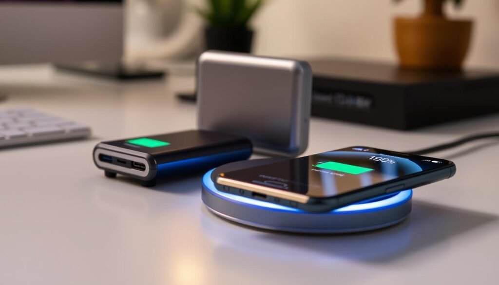 A close-up of a modern smartphone battery and charging setup, featuring a sleek smartphone resting on a wireless charging pad, symbolizing advanced technology. In the foreground, show the smartphone displaying its battery percentage, surrounded by visual indicators of charging speed and capacity. In the middle, include an elegant power bank with bright LED lights indicating charge status. The background should have a soft-focus image of a workspace, adding a professional atmosphere with ambient lighting that highlights the products. Use a low-angle perspective to emphasize the devices, creating a sense of importance. The mood should be tech-savvy and sophisticated, reflecting innovation in battery and charging technology.