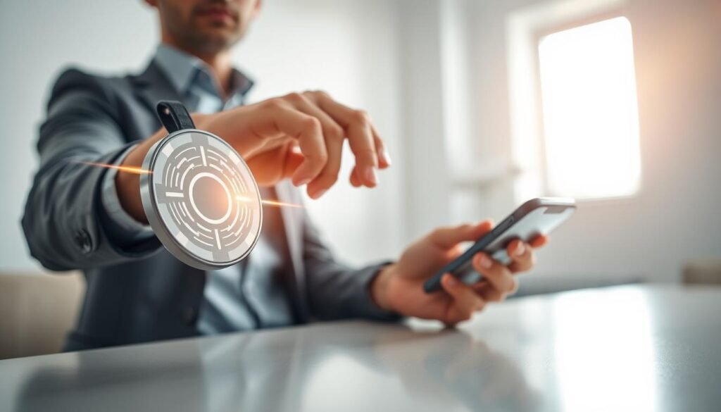 A close-up of a sleek NFC tag being scanned by a modern smartphone, with glowing lines indicating a digital connection. In the foreground, the NFC tag, designed with interesting geometric patterns, reflects soft light that emphasizes its glossy surface. The middle ground features a hand reaching towards the smartphone, showcasing a casual yet professional business attire. In the background, a minimalistic office setting with soft, diffused natural light spilling through a window, creating a warm and inviting atmosphere. Use a shallow depth of field to focus on the NFC tag and smartphone interaction, conveying a sense of innovation and automation. The overall mood should feel cutting-edge and user-friendly, highlighting the convenience of NFC technology in daily life.