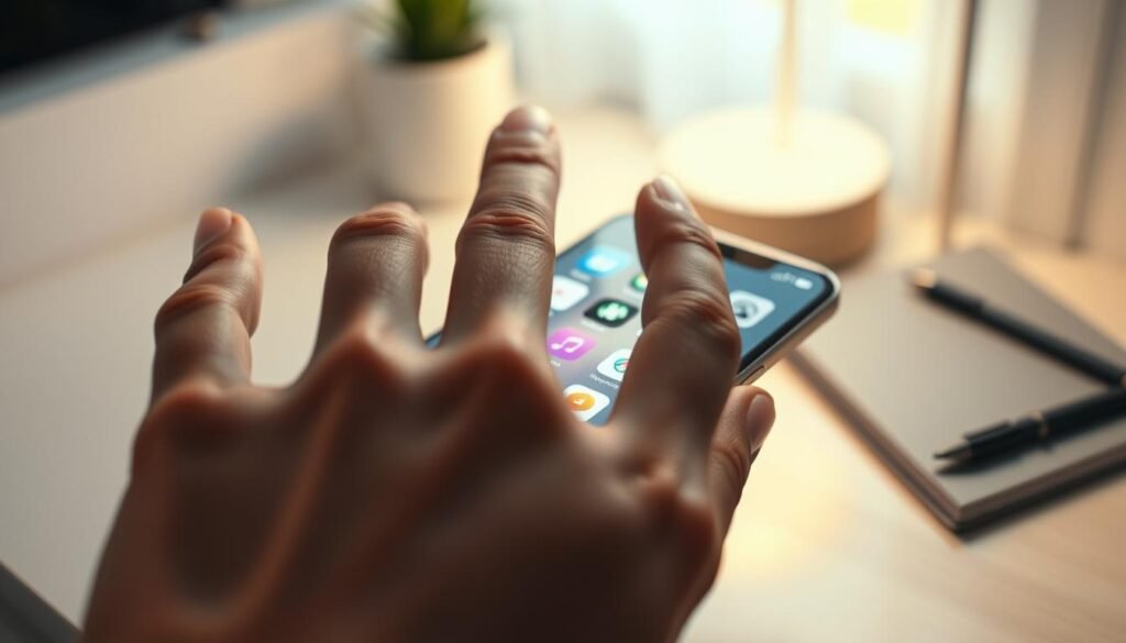 A close-up shot of a hand performing the three-finger "copy-paste" gesture on a sleek modern smartphone screen, highlighting the seamless interaction with the iOS interface. The hand is positioned in the foreground, showcasing well-groomed fingers against the shiny display filled with vibrant app icons. Soft, diffused lighting illuminates the scene, casting gentle shadows that enhance the texture of the skin and the device. In the background, a cozy, contemporary workspace is subtly blurred, featuring a minimalist desk and a notebook, which adds context without distraction. The atmosphere conveys a sense of modern productivity and innovation, perfect for illustrating a new gesture in digital editing. A close-up shot of a hand performing the three-finger "copy-paste" gesture on a sleek modern smartphone screen, highlighting the seamless interaction with the iOS interface. The hand is positioned in the foreground, showcasing well-groomed fingers against the shiny display filled with vibrant app icons. Soft, diffused lighting illuminates the scene, casting gentle shadows that enhance the texture of the skin and the device. In the background, a cozy, contemporary workspace is subtly blurred, featuring a minimalist desk and a notebook, which adds context without distraction. The atmosphere conveys a sense of modern productivity and innovation, perfect for illustrating a new gesture in digital editing.