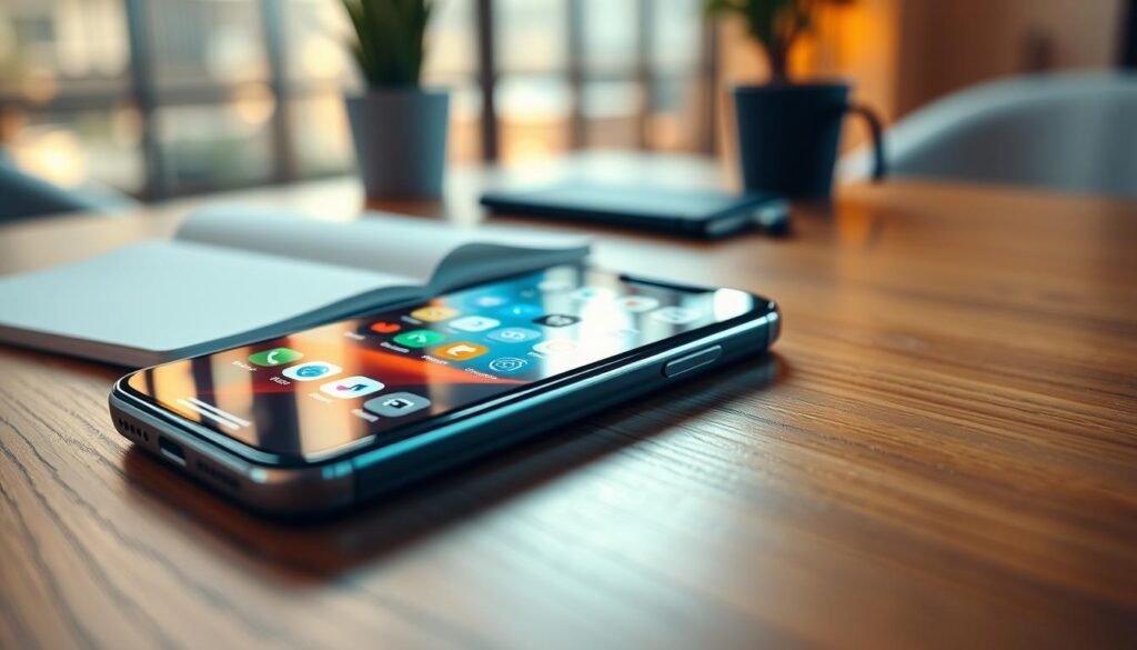 A close-up shot of an iPhone lying on a stylish wooden table, showcasing the Back Tap feature. The phone screen displays a colorful and interactive interface with icons for various functions, suggesting accessibility and customization. In the background, a modern, softly lit workspace is visible, featuring a potted plant and a notebook, conveying a creative and tech-savvy atmosphere. The lighting is warm and inviting, highlighting the sleek design of the iPhone. The scene is captured from a slightly elevated angle, focusing on the phone while maintaining a blurred background to emphasize the subject. The overall mood is innovative and organized, perfect for illustrating tech tips and tricks.