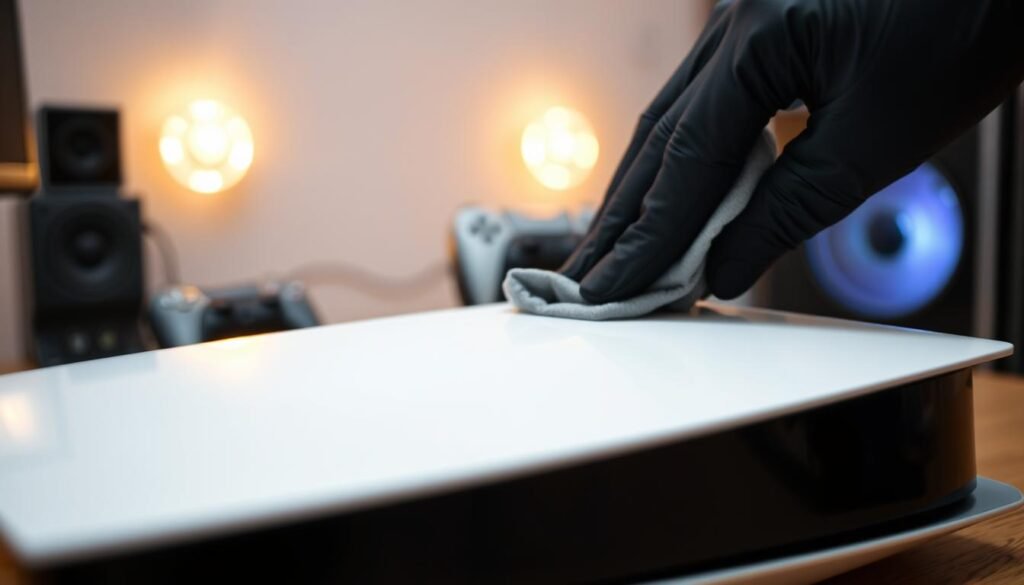 A close-up view of a PlayStation 5 console being cleaned, focusing on the external surface. The foreground features a pair of gloved hands gently wiping the console with a microfiber cloth, showcasing attention to detail. In the middle, the PS5's sleek design is highlighted, with its elegant curves and the signature white and black color scheme. The background softly fades into a tidy gaming setup, with a faint glow from warm LED lights, creating an inviting atmosphere. The lighting is soft and diffuse, emulating a safe, organized workspace. The scene conveys a sense of care and maintenance, demonstrating the importance of keeping gaming equipment clean and functional, ideal for an article on preventing overheating and dust accumulation.