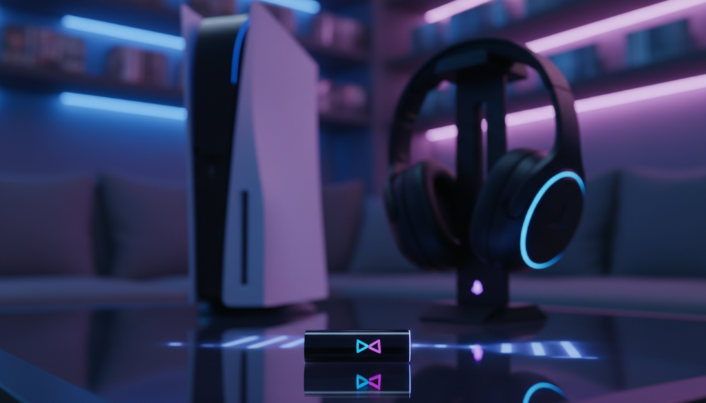 A close-up view of a PlayStation Link device prominently displayed in the foreground, showcasing its sleek design and modern features. In the background, two compatible gaming devices—one being a PlayStation console and the other a Bluetooth-enabled device—are softly illuminated, highlighting their connectivity options. The scene is set in a cozy gaming room adorned with ambient lighting that shifts between blue and purple hues, creating a vibrant yet relaxed atmosphere. The angle of the shot captures the essence of dual device connectivity, emphasizing the intricate details of the PlayStation Link. Subtle reflections on the glossy surfaces deepen the visual interest, inviting viewers to imagine the experience of spatial audio gaming. The overall mood is immersive and futuristic, appealing to gamers who thrive on cutting-edge technology.