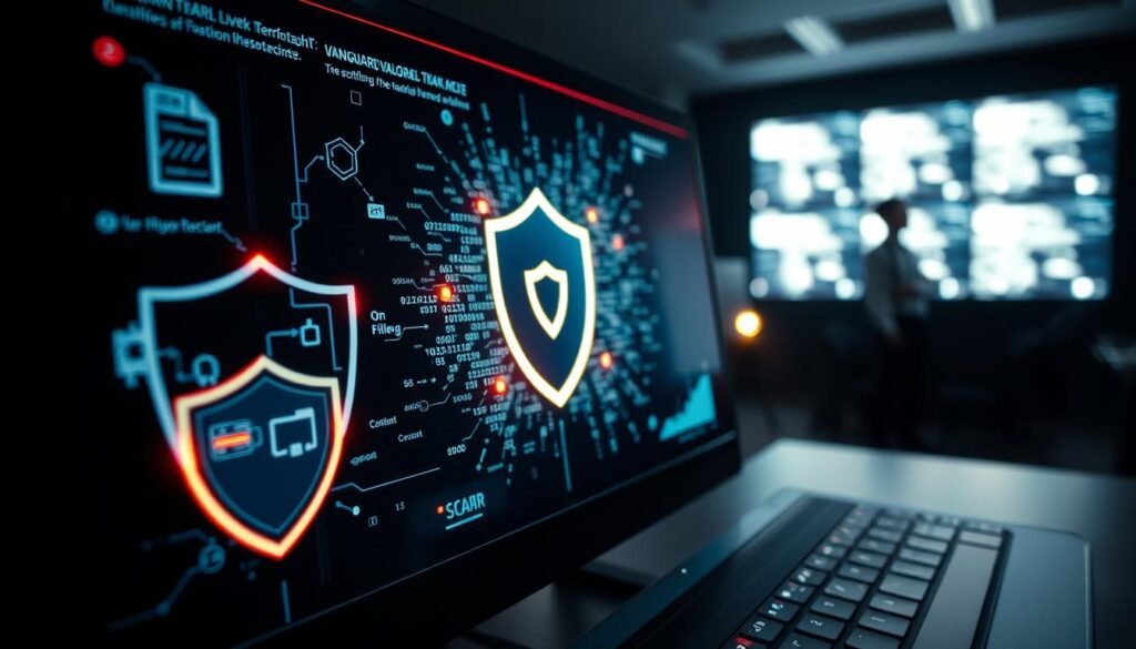 A close-up view of a computer screen displaying a digital security interface, with highlighted elements indicating potential kernel-level threats. In the foreground, there’s a stylized illustration of a shield representing cybersecurity, surrounded by abstract representations of files and data streams. The middle layer features a high-tech, glowing matrix that visualizes the scanning process of Vanguard Valorant across a chaotic digital landscape filled with binary code. The background is a darkened room with a faint glow from multiple screens and a silhouette of a person in professional attire, looking contemplative. The lighting is dramatic, emphasizing the shield and scanning visuals, evoking a sense of urgency and caution in a sleek, modern technological environment. A close-up view of a computer screen displaying a digital security interface, with highlighted elements indicating potential kernel-level threats. In the foreground, there’s a stylized illustration of a shield representing cybersecurity, surrounded by abstract representations of files and data streams. The middle layer features a high-tech, glowing matrix that visualizes the scanning process of Vanguard Valorant across a chaotic digital landscape filled with binary code. The background is a darkened room with a faint glow from multiple screens and a silhouette of a person in professional attire, looking contemplative. The lighting is dramatic, emphasizing the shield and scanning visuals, evoking a sense of urgency and caution in a sleek, modern technological environment.