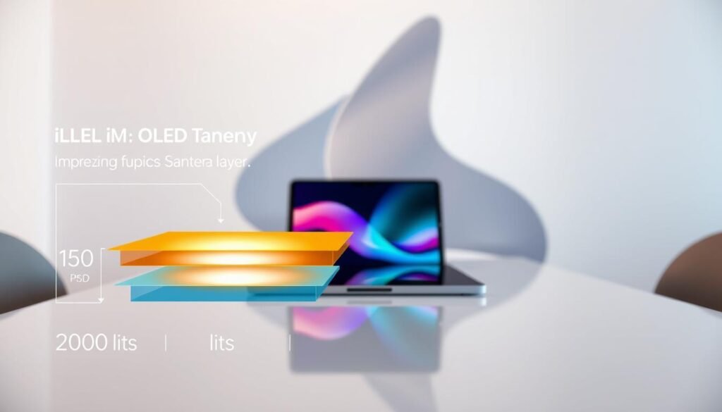 A close-up view of a high-tech OLED tandem display showcasing vibrant colors and impressive brightness. In the foreground, sleek, modern graphics highlight the distinct layers of technology, with visual representations of light emission reaching up to 3000 nits. The middle ground features a sophisticated iPad Pro M4 sitting elegantly on a minimalist desk, reflecting the advanced capabilities of the tandem layer technology. The background is softly blurred, with abstract shapes symbolizing innovation and progress in display technology. The scene is illuminated by soft, diffuse lighting that enhances the colors and sharpness of the display, creating a professional and inspiring atmosphere conducive to technological advancement. The overall image conveys a sense of sophistication and cutting-edge innovation.