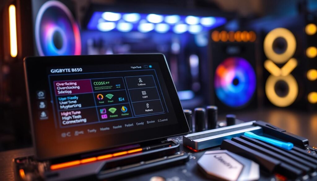 A close-up view of a modern BIOS interface on a Gigabyte B850 motherboard, showcasing the HyperTune feature. The foreground highlights a detailed screen displaying vibrant, user-friendly graphics with options for overclocking and system monitoring in vivid colors. In the middle, focus on the sleek motherboard design with metallic accents and high-tech capacitors, reflecting advanced connectivity features. The background features a softly blurred workstation setup with ambient LED lights casting a futuristic glow. The lighting is dramatic yet professional, emphasizing the motherboard's intricate details and tech-savvy environment. The overall mood conveys innovation, performance, and cutting-edge technology.